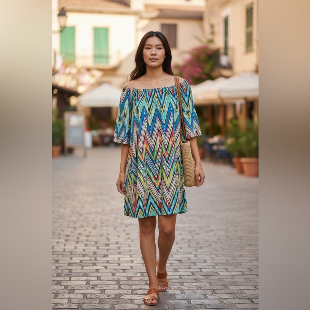 Off-Shoulder Chevron Midi Dress in Blue and Green